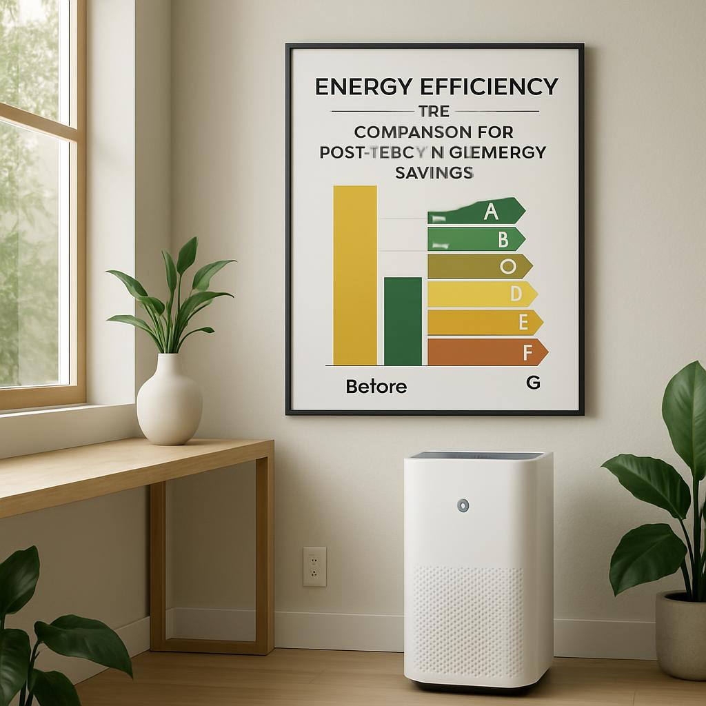 This image showcases a framed graphic comparing energy efficiency before and after the implementation of energy-saving mea...